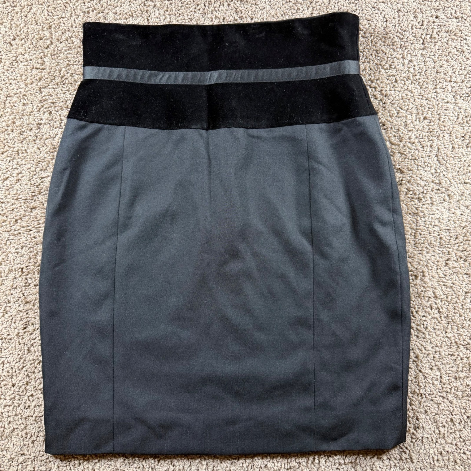 Claude Montana Black Velvet Trim Pencil Skirt Made In France Size 12 Vintage 90s